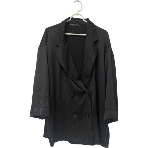 Zara Womens Blazer Suit Jacket Oversized XL Black Wrinkled look 4387/130 NWOT - Picture 2 of 10